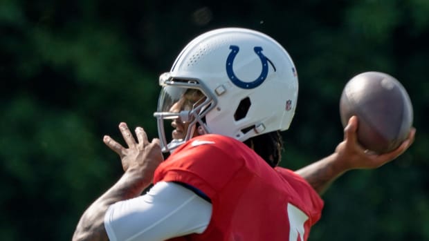 Indianapolis Colts quarterback Anthony Richardson (5) runs passing drills during Colts Camp practice at Grand Park, Tuesday, Aug. 1, 2023 in Westfield.